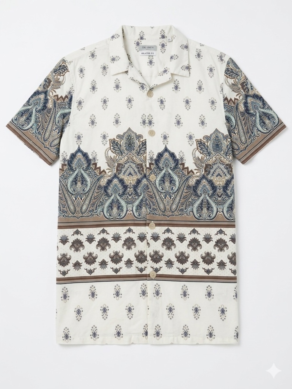 Unbranded White Paisley Border Short-Sleeve Button-Down Shirt